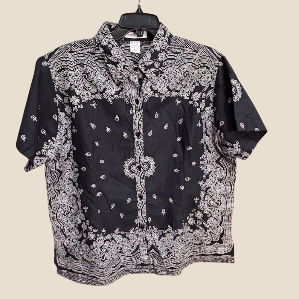 Maggie & Max Womens XL Black White Paisley Bandana Print Cotton Button Down Top